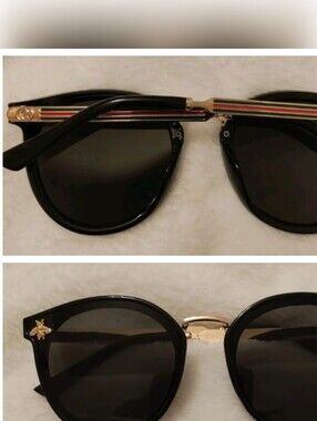 Women’s Black Cat Eye Sunglasses Black Tinted Lens Gold Tone Bee Accent